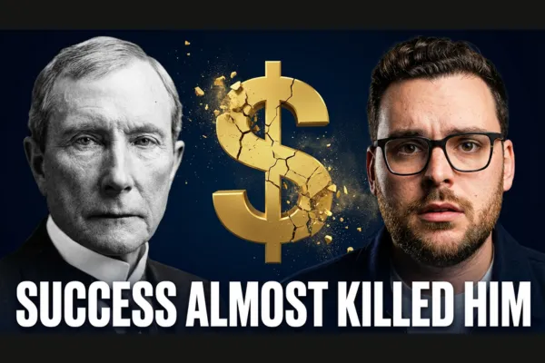 Success almost killed him. John D. Rockefeller and Andrew Rocha with an image of a dollar sign falling apart.