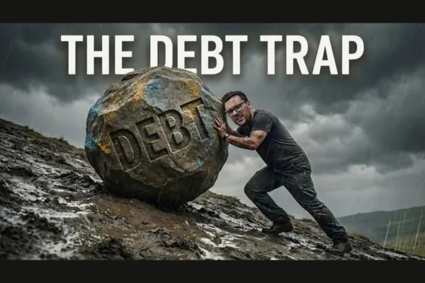 Andrew Rocha pushing up a boulder named DEBT up a hill.