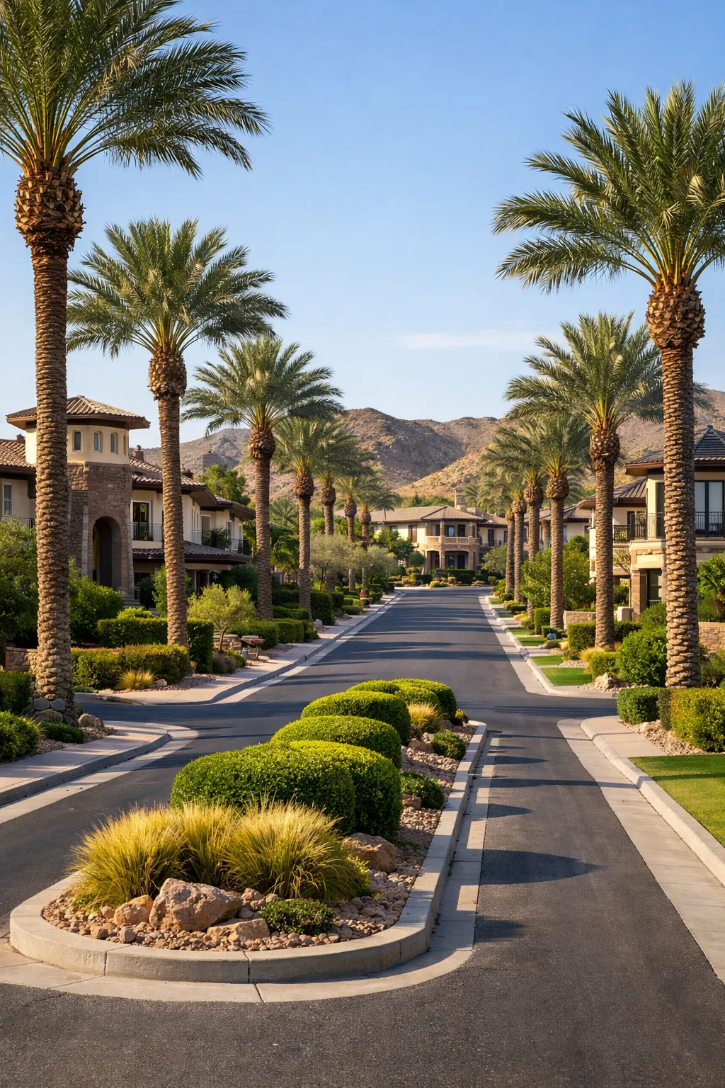Palm-lined interior streetscape with custom homes in Roma Hills