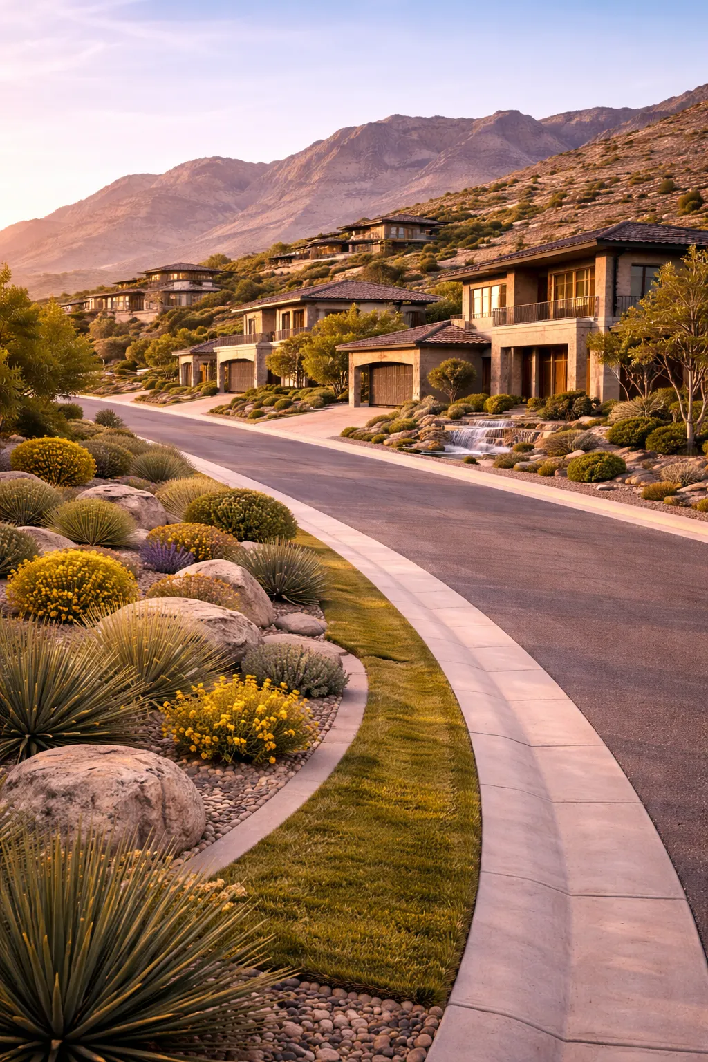 Contemporary homes and landscaped street in Sandalwood at Stonebridge