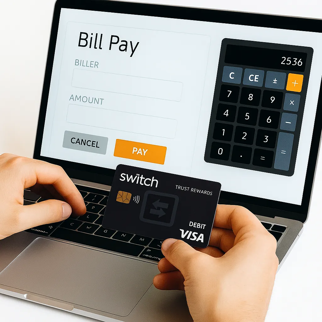 Hands using a tablet to pay monthly bills with an invoice visible