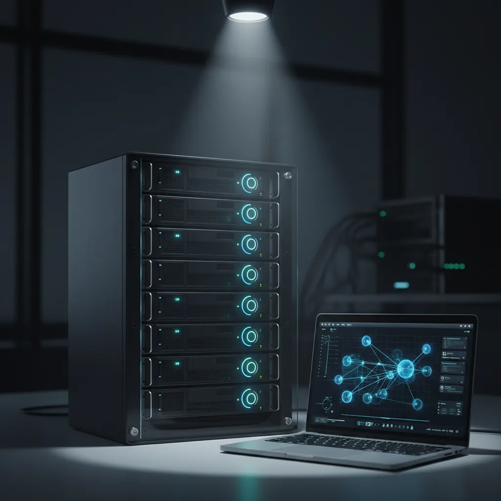 Home server rack with status lights and a laptop managing nodes