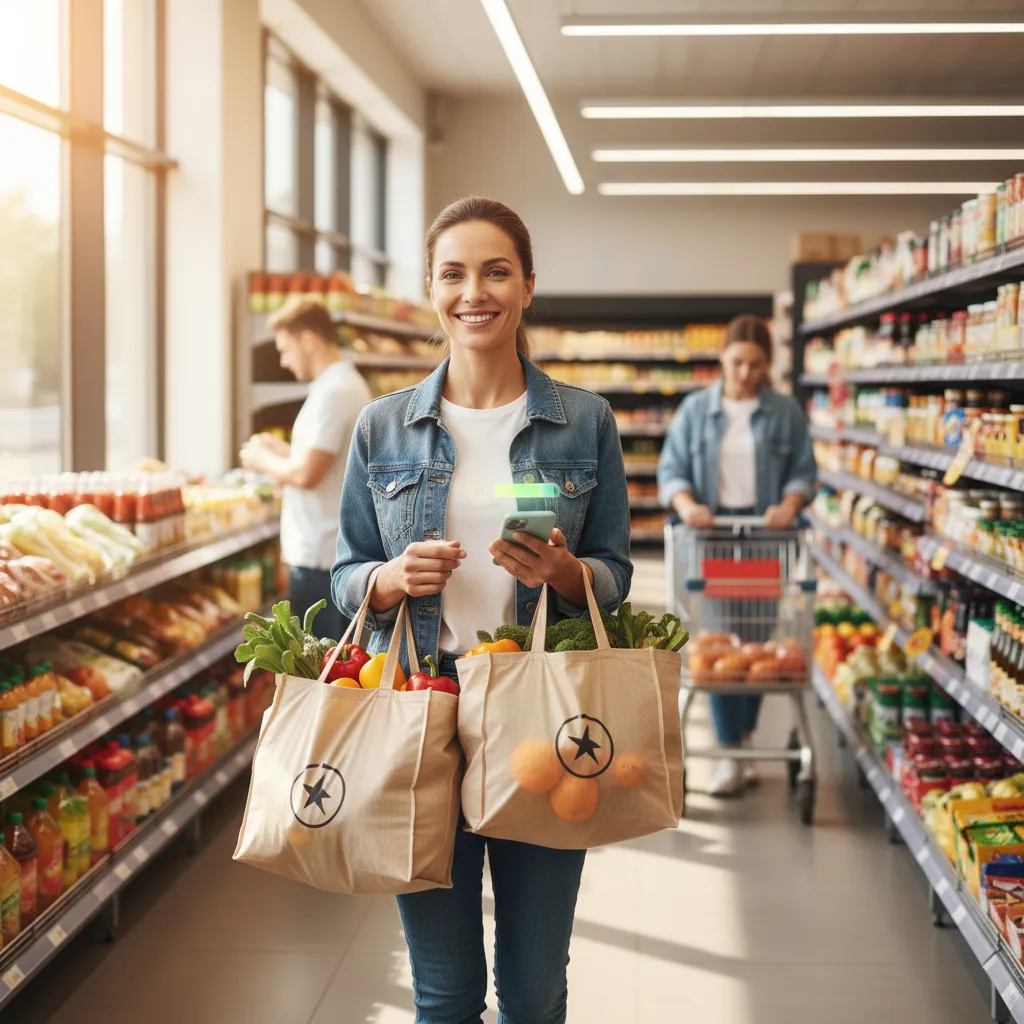 Shopper carrying grocery bags in a supermarket aisle