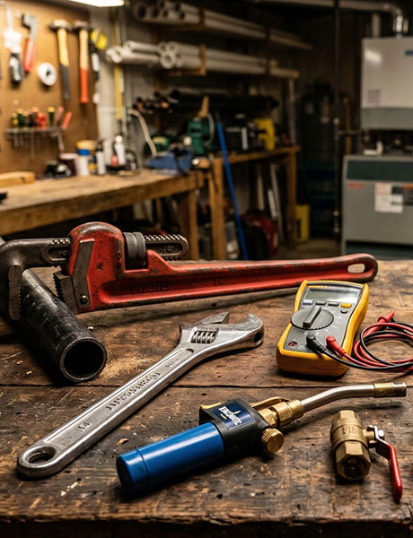 Pipe wrench, adjustable wrench, multimeter, and brazing torch on a workshop workbench