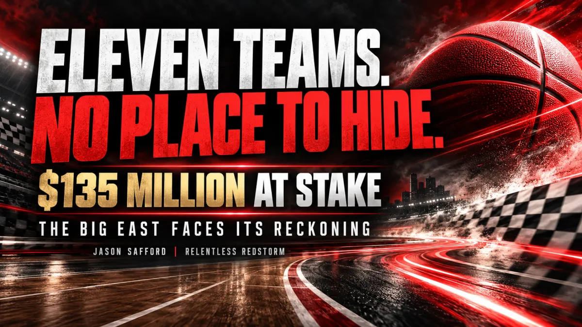 Editorial graphic showing eleven basketball racing lanes and the headline Eleven Teams. No Place to Hide