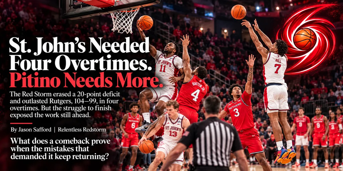 Graphic reading “St. John’s Needed Four Overtimes. Pitino Needs More.” St. John’s beat Rutgers 104–99 in four overtimes. By Jason Safford.