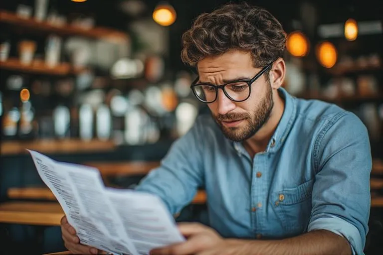 A man with glasses sitting in a cafe, looking at a printed menu with a confused and frustrated expression. The background shows a warm, blurred coffee shop setting, highlighting his struggle to make a selection from a dense or poorly designed menu.