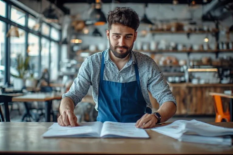 A focused restaurant owner with a beard and blue apron sitting at a wooden table in a rustic-style cafe. He is leaning over an open menu binder, carefully reviewing its contents while surrounded by several stacks of papers and documents in a bright, industrial-themed interior.
