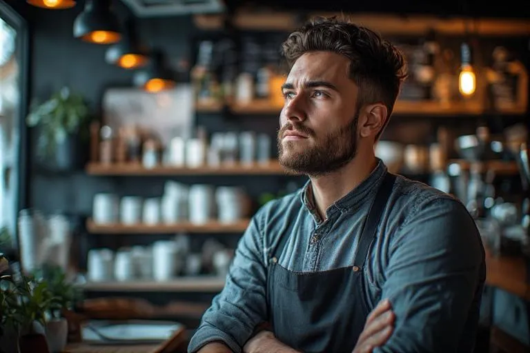 A thoughtful male cafe owner with a beard and dark apron standing with arms crossed, looking out a window with a serious yet visionary expression. The background features a warmly lit, rustic coffee shop interior with shelves of cups and ambient pendant lighting.