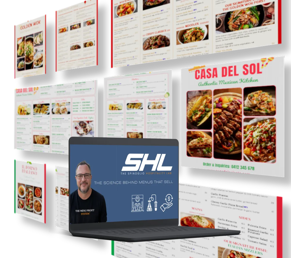 A professional portfolio showcase for The Spinoglio Hospitality Lab (SHL) titled "The Science Behind Menus That Sell." The graphic features a laptop in the foreground displaying the SHL logo and a consultant's portrait. Surrounding the laptop are several high-quality, engineered menu designs for various cuisines, including "Golden Wok," "Casa Del Sol," and "Il Forno Italiano," illustrating expert menu design and layout services.