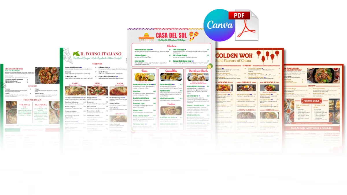 A horizontal display of various professionally designed menu templates for different cuisines, including Italian (Il Forno Italiano), Mexican (Casa Del Sol), and Chinese (Golden Wok). The image features Canva and PDF icons at the top, indicating that the templates are editable in Canva and downloadable as PDF files.