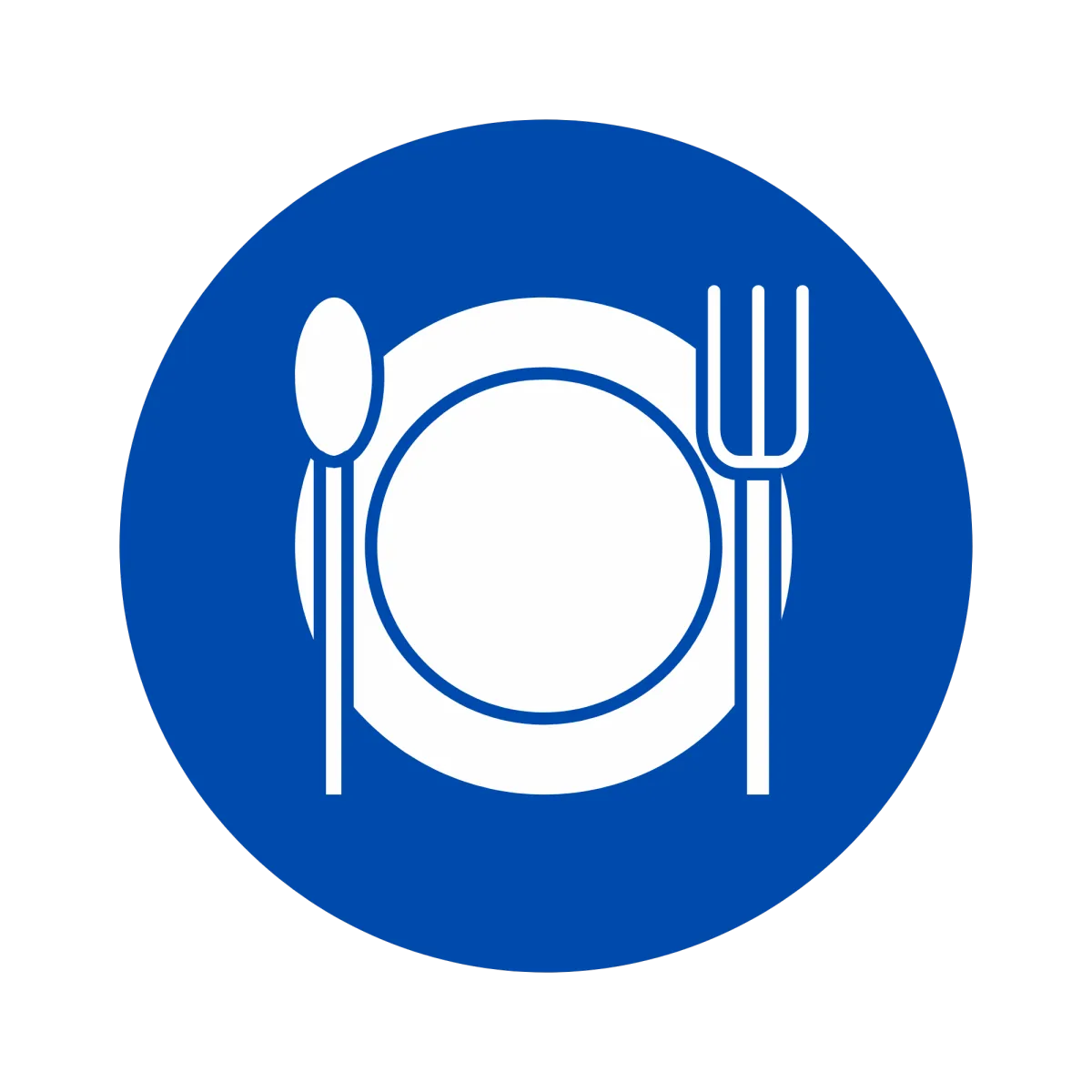 Blue circular icon with spoon, plate, and fork illustration.