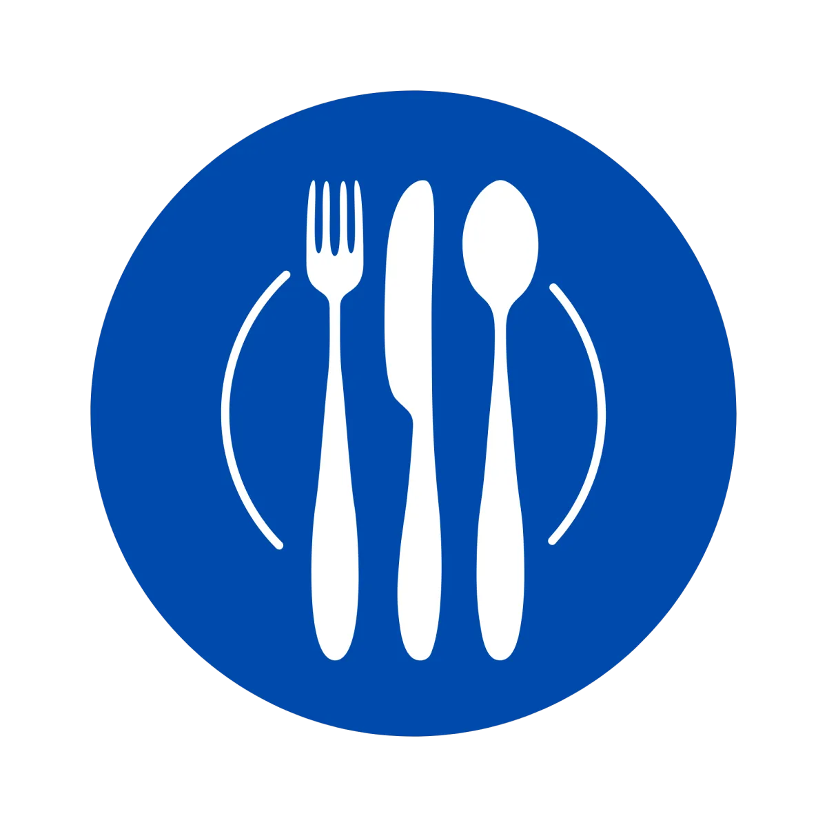Blue circular icon featuring a plate, fork, knife, and spoon.