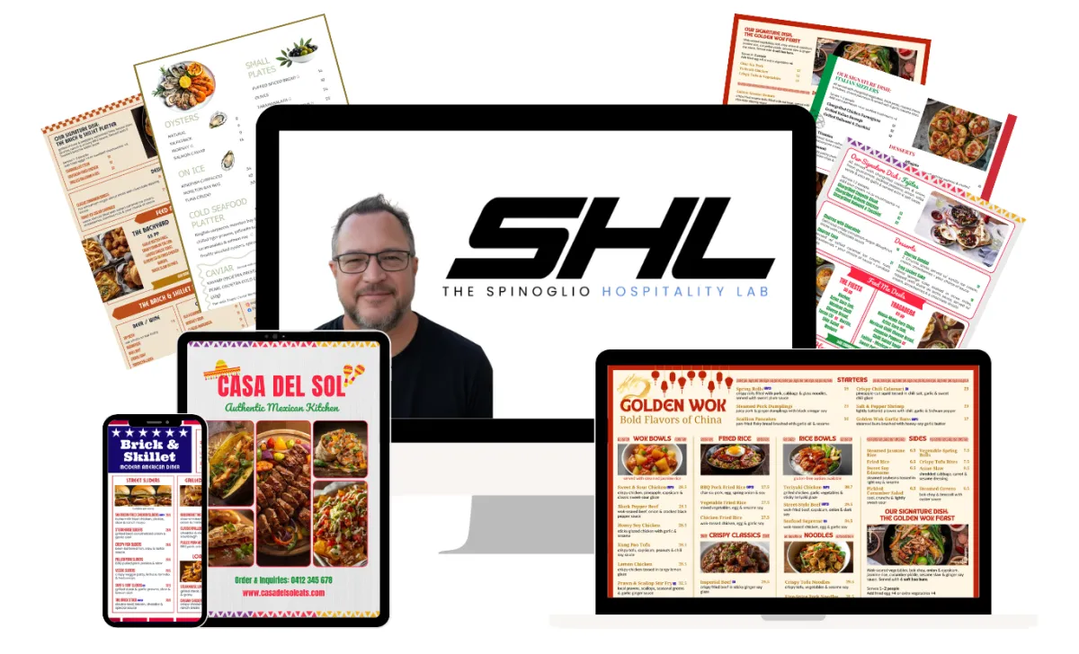 A professional multi-device mockup for The Spinoglio Hospitality Lab (SHL). The center features a desktop monitor with the SHL logo and a headshot of a smiling man with glasses. Surrounding the monitor are a laptop, tablet, and smartphone displaying various colorful restaurant menus, including "Golden Wok," "Casa Del Sol," and "Brick & Skillet." Several high-quality menu pages featuring seafood, pizza, and Italian cuisine float in the background, highlighting expertise in menu engineering and digital design.