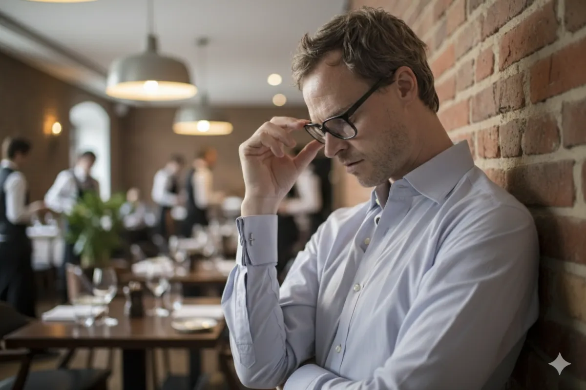 A man in a light blue dress shirt and glasses leans against a brick wall in a restaurant, looking down with a stressed or contemplative expression. He has one hand raised to the bridge of his glasses, eyes closed, and his other arm crossed over his chest. In the blurred background, restaurant staff in white shirts and black vests move between tables.