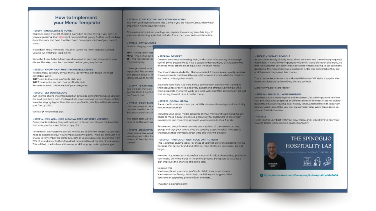 A three-panel digital brochure titled "How to Implement your Menu Template" from The Spinoglio Hospitality Lab. The guide outlines 14 steps for restaurant owners, covering topics such as food costing, identifying profitable dishes, setting "decoy" items, psychological price embedding, and using dietary symbols. The final panel features a photo of a hospitality consultant and the brand logo, emphasizing "The Science Behind Menus That Sell" along with a website link for further resources
