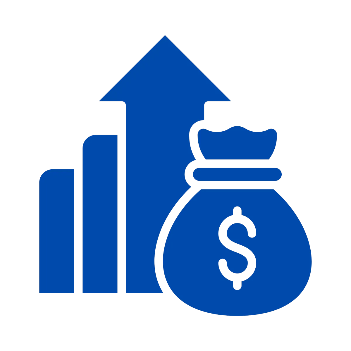 A blue icon featuring a rising bar chart next to a money bag with a dollar sign, representing opportunities to increase average customer spend.
