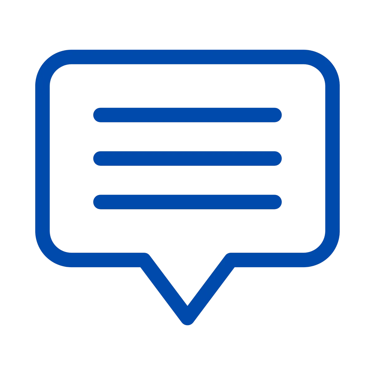 A simple blue outline of a speech bubble with three horizontal lines, symbolizing feedback or review of menu item placement and pricing.