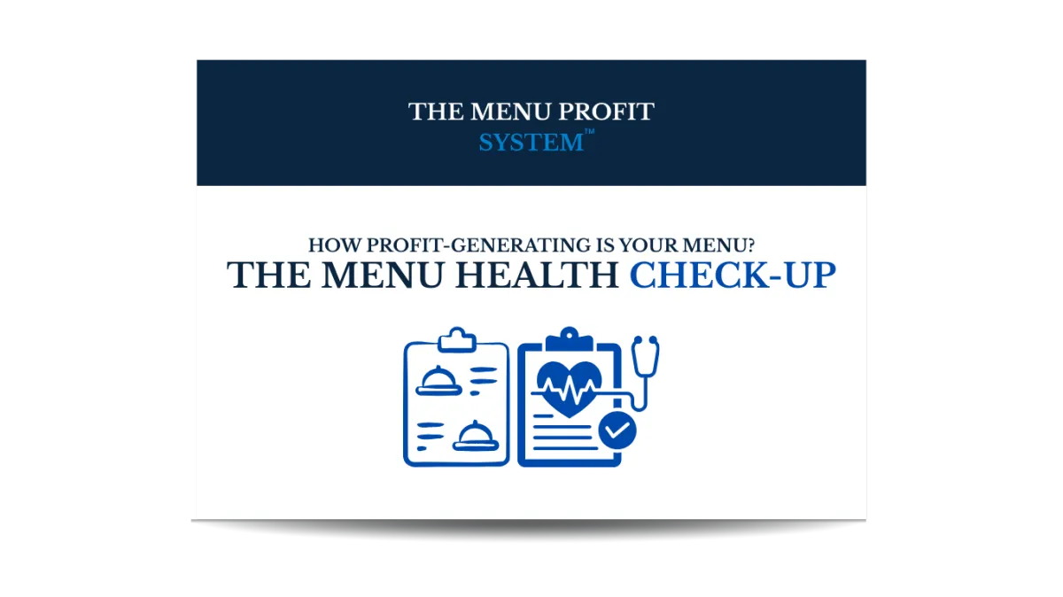 Promotional graphic for "The Menu Health Check-up" featuring blue icons of a menu clipboard and a medical clipboard with a heart rate monitor and stethoscope.