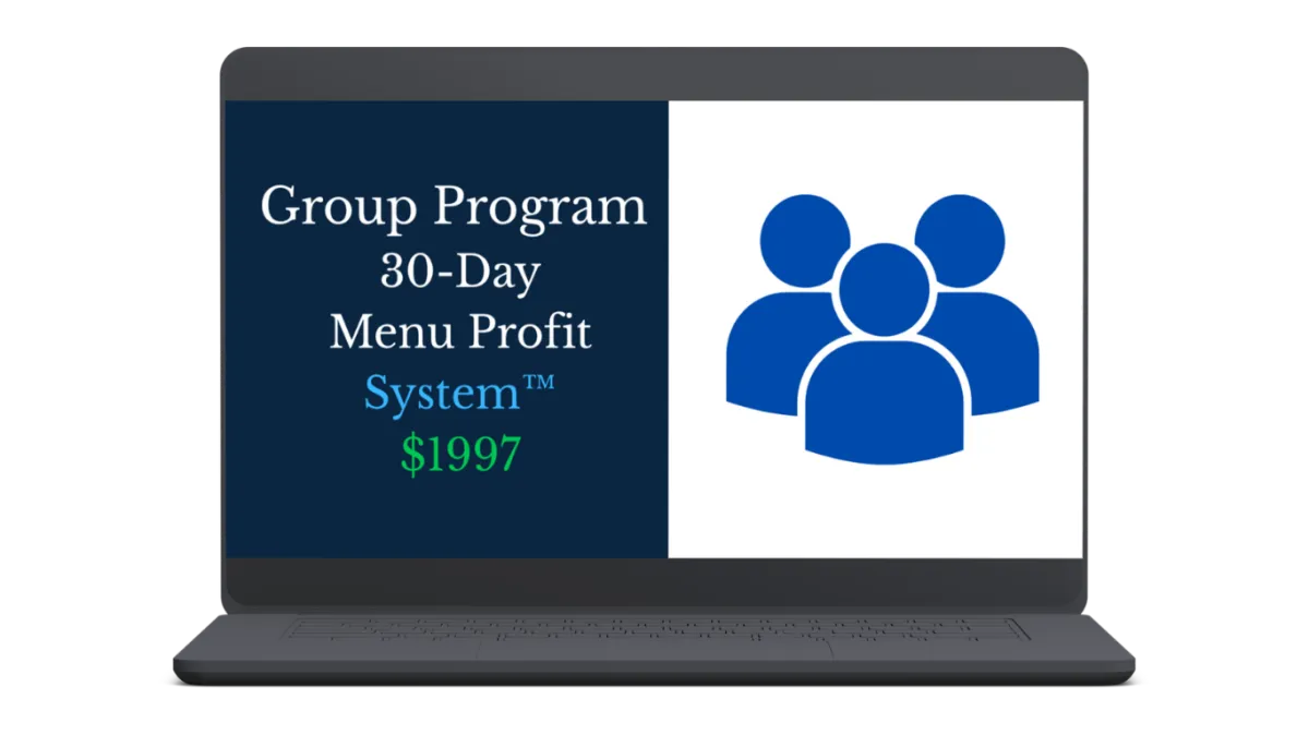 Laptop screen displaying the 30-Day Menu Profit System™ Group Program pricing of $1997 next to a blue three-person group icon.