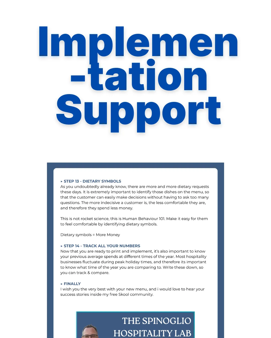 Implementation Support graphic featuring a checklist for menu dietary symbols and number tracking from The Spinoglio Hospitality Lab
