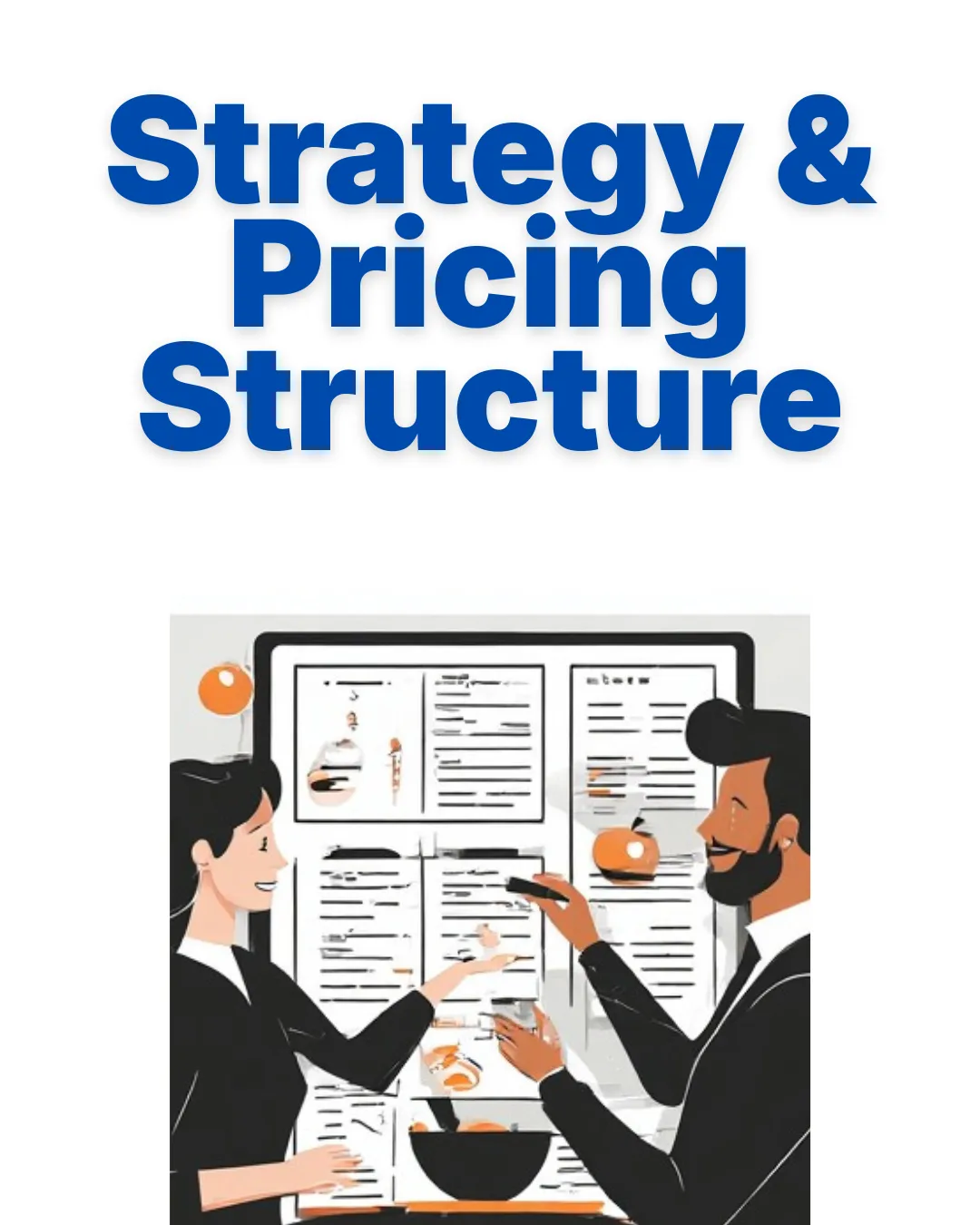 Strategy & Pricing Structure graphic featuring an illustration of consultants analyzing a menu and pricing board for a restaurant business.