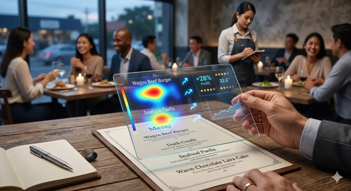 A first-person view of an expert holding a digital glass interface over a restaurant menu, revealing heatmaps and profit data for items like Wagyu Beef Burger and Seafood Paella. The background shows a busy, dimly lit dining room with a server taking orders, illustrating the scientific approach to hospitality profit.