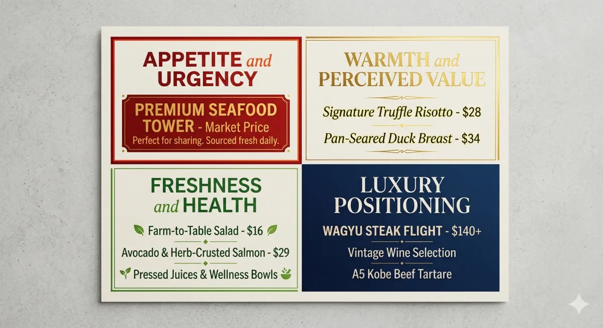 A menu engineering infographic illustrating four color psychology quadrants: red for Appetite and Urgency, gold for Warmth and Perceived Value, green for Freshness and Health, and deep navy for Luxury Positioning. Each section shows how specific colors and accents are used to highlight high-margin and signature restaurant items.