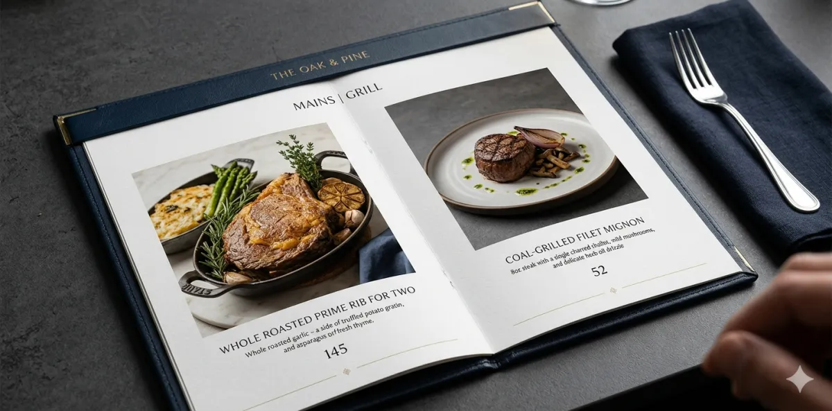 A high-end restaurant menu for 'The Oak & Pine' titled 'Mains | Grill' displayed on a dark table next to a navy napkin and silver fork. The left page features a 'Whole Roasted Prime Rib for Two' priced at 145, shown in a cast-iron dish with asparagus and potato gratin. The right page features a 'Coal-Grilled Filet Mignon' priced at 52, presented on a minimalist white plate with mushrooms and a charred shallot.