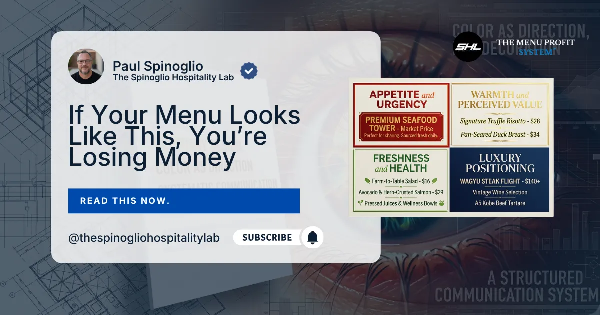 Paul Spinoglio from The Menu Profit System warns that certain menu designs can lead to lost revenue, featuring a graphic illustrating different menu item categories and a call to action to read the strategy now.