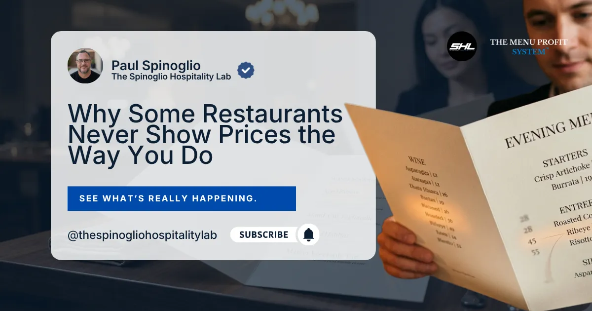 Paul Spinoglio from The Menu Profit System discusses why some restaurants use different pricing strategies, featuring a person holding a menu and a call to action to see what is really happening.