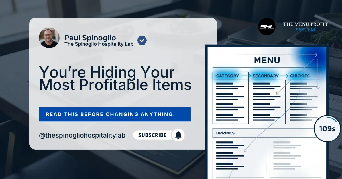 Paul Spinoglio from The Menu Profit System warns that restaurants may be hiding their most profitable items, featuring a diagram of a menu layout and a call to action to read before making changes.
