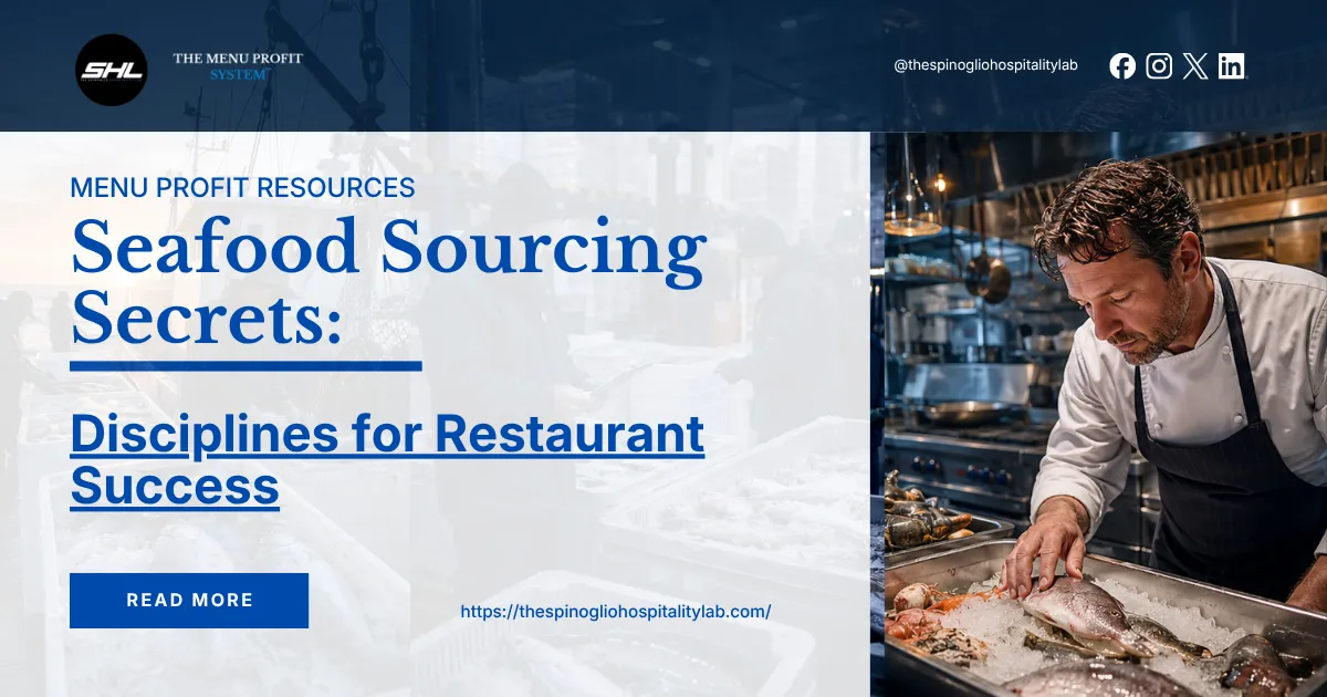 Promotional graphic for a seafood sourcing guide featuring an executive chef inspecting fresh whole fish on ice in a commercial kitchen, alongside the title "Seafood Sourcing Secrets: Disciplines for Restaurant Success" and a call-to-action to read more from The Spinoglio Hospitality Lab.