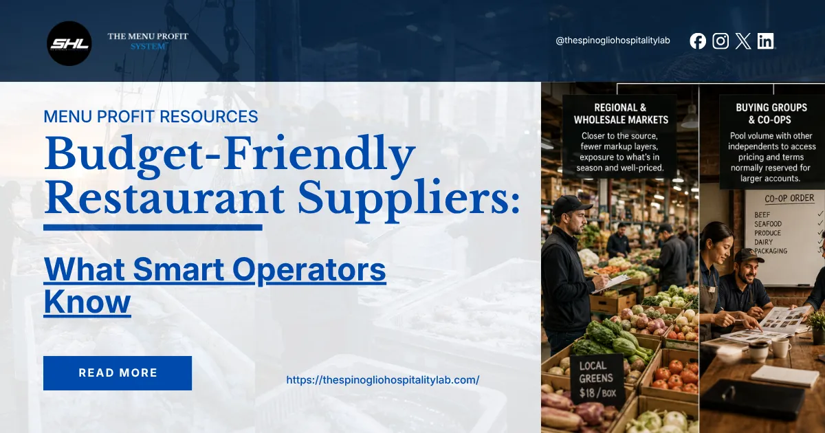 An infographic from The Menu Profit System titled "Budget-Friendly Restaurant Suppliers: What Smart Operators Know," highlighting regional markets, wholesale buying groups, and co-ops for restaurant owners.