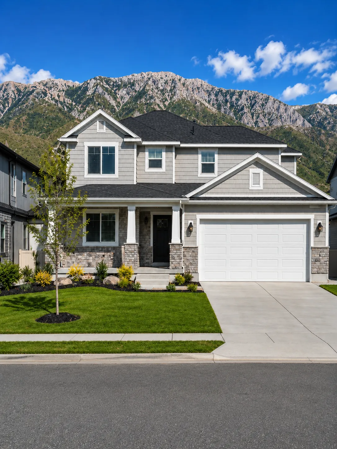 New construction home with blue skies and green lawn