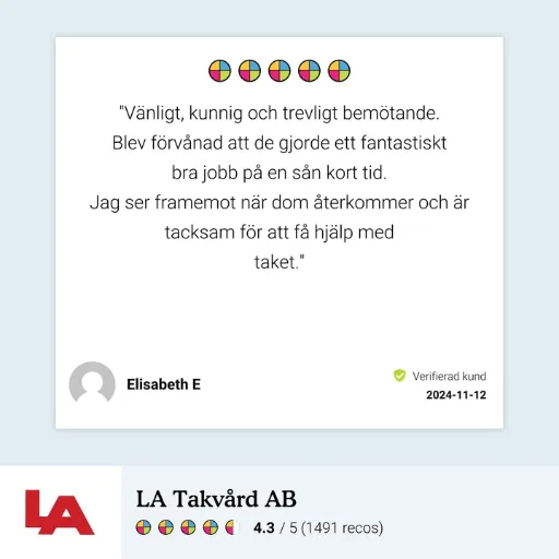 Recension från Elisabeth E om snabbt och trevligt bemötande hos LA Takvård.