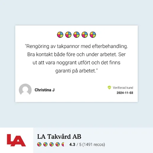 Recension från Christina J om noggrant utförd rengöring av takpannor med efterbehandling och garanti från LA Takvård.