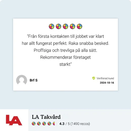 Recension från Brf S om smidig process från start till slut, raka besked och ett proffsigt bemötande från LA Takvård.