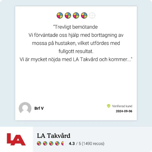 Recension från Brf V om trevligt bemötande och lyckad borttagning av mossa på hustak utfört av LA Takvård.