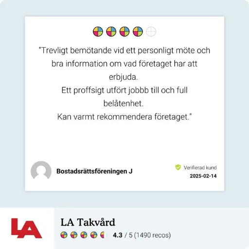 Recension från bostadsrättsförening om proffsigt utfört arbete, tydlig information och ett personligt bemötande från LA Takvård.