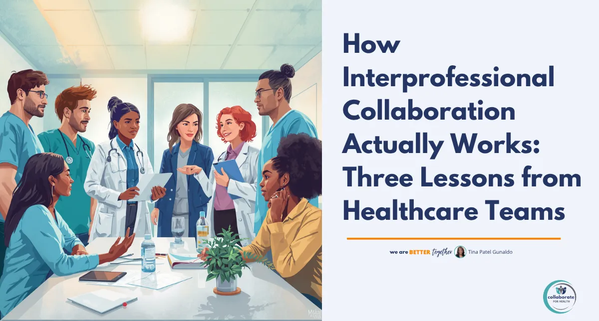 A diverse group of health professionals from different disciplines gathered in a setting, representing real interprofessional collaboration in practice.