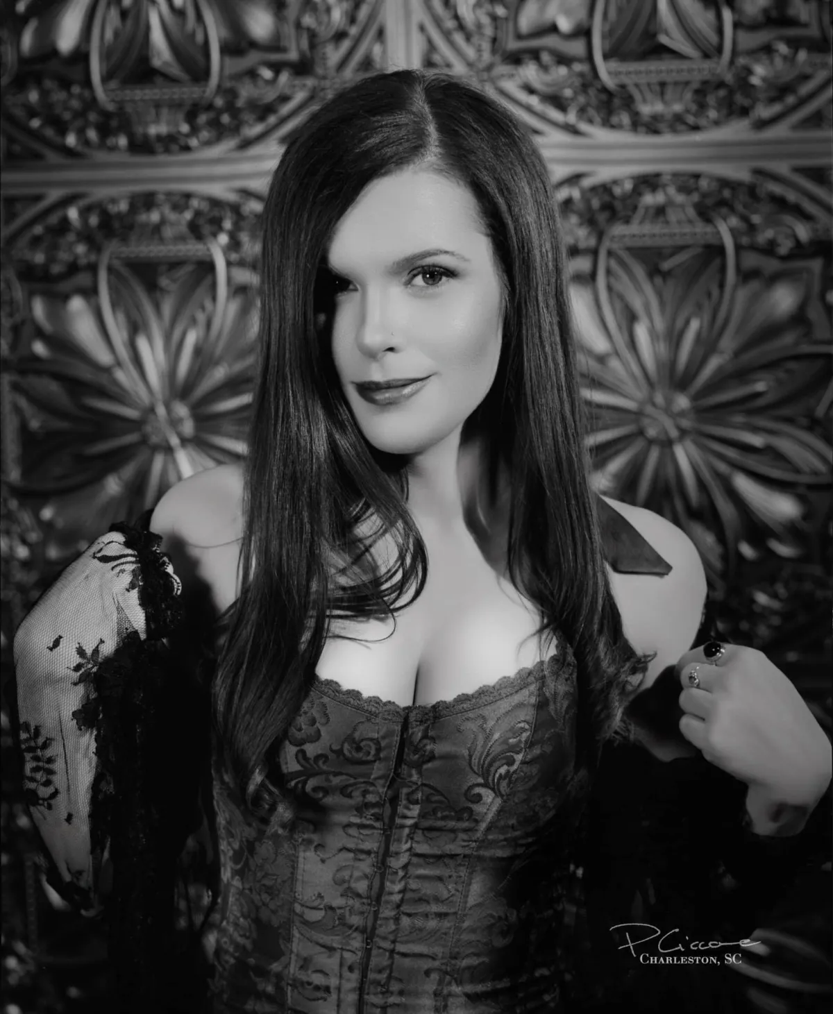 Tammy in red bralette and black lace robe during Old Hollywood boudoir portrait session in Charleston SC