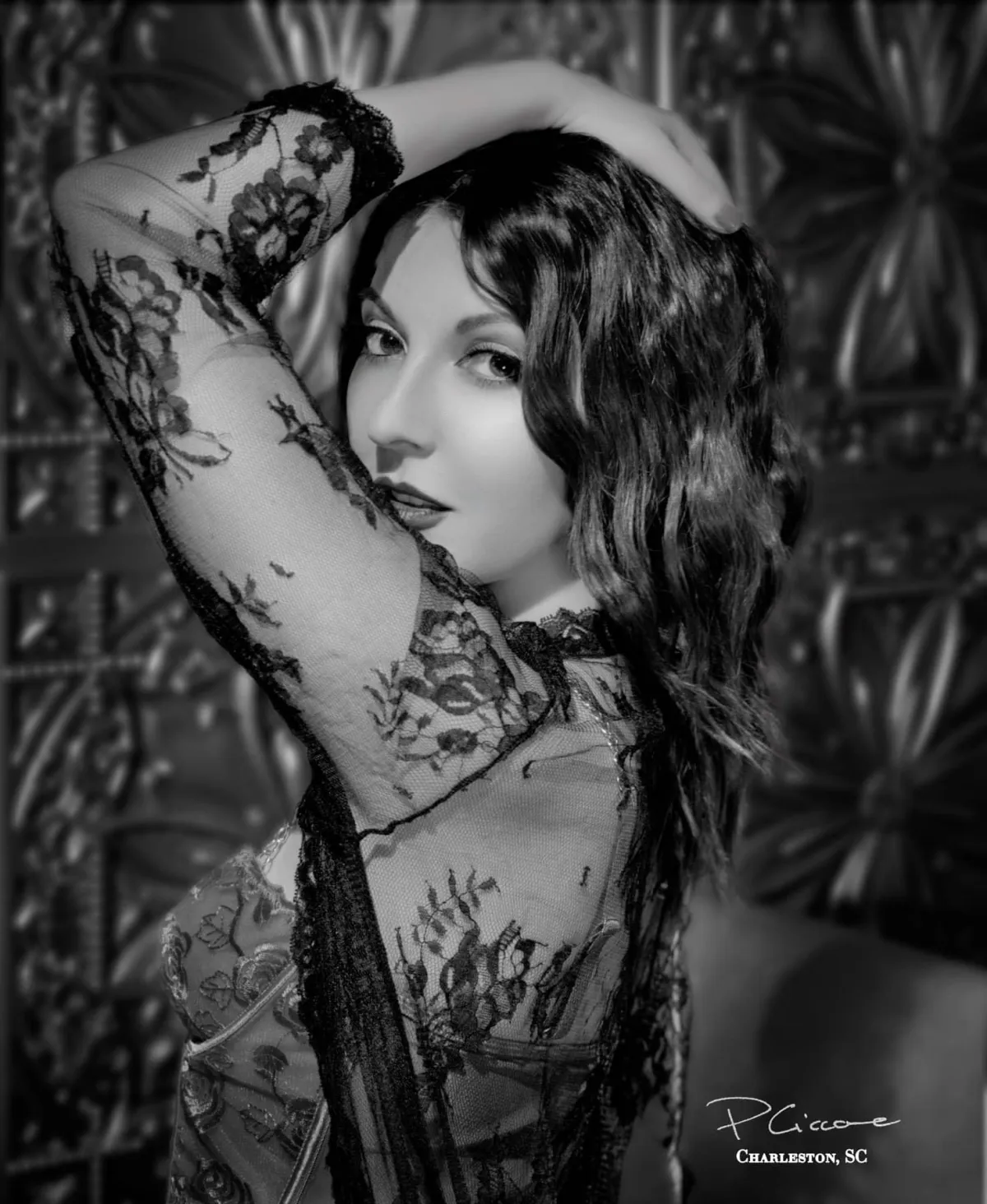 Tammy in red bralette and black lace robe during Old Hollywood boudoir portrait session in Charleston SC