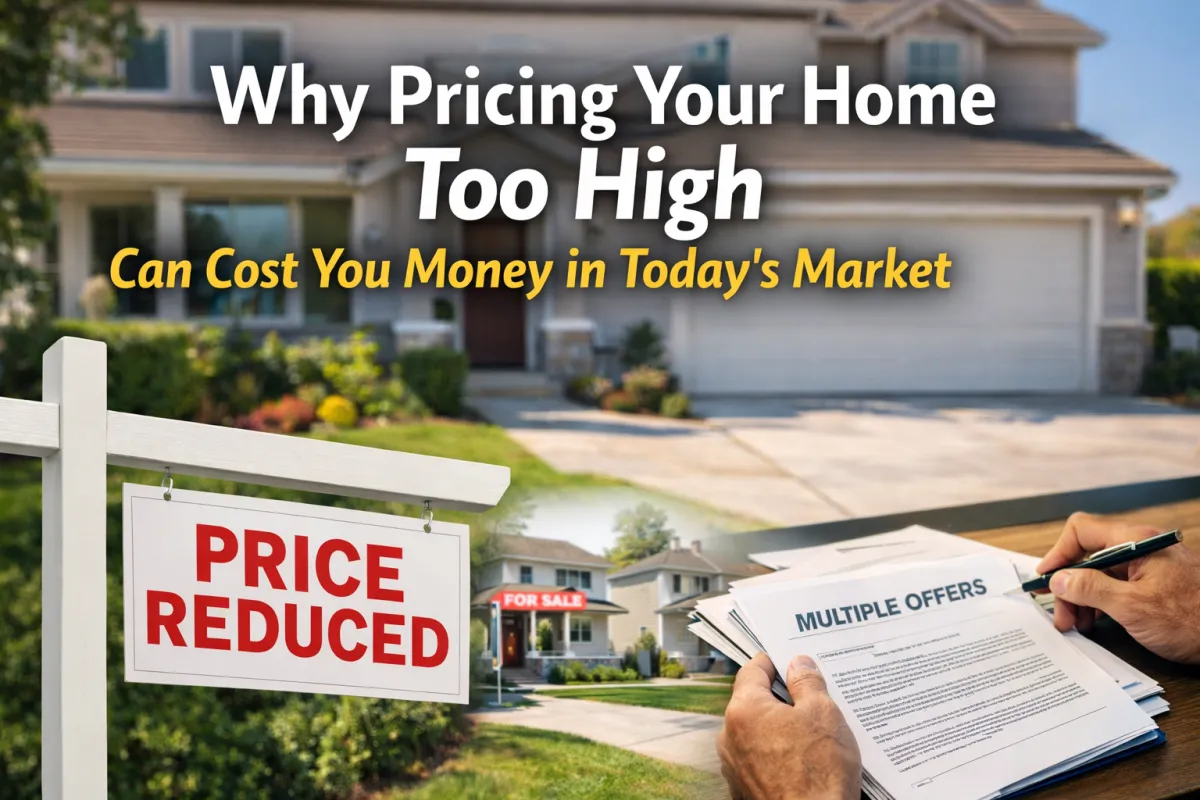 Overpricing a home illustration with price reduced sign and multiple offers, showing real estate pricing strategy and market impact.