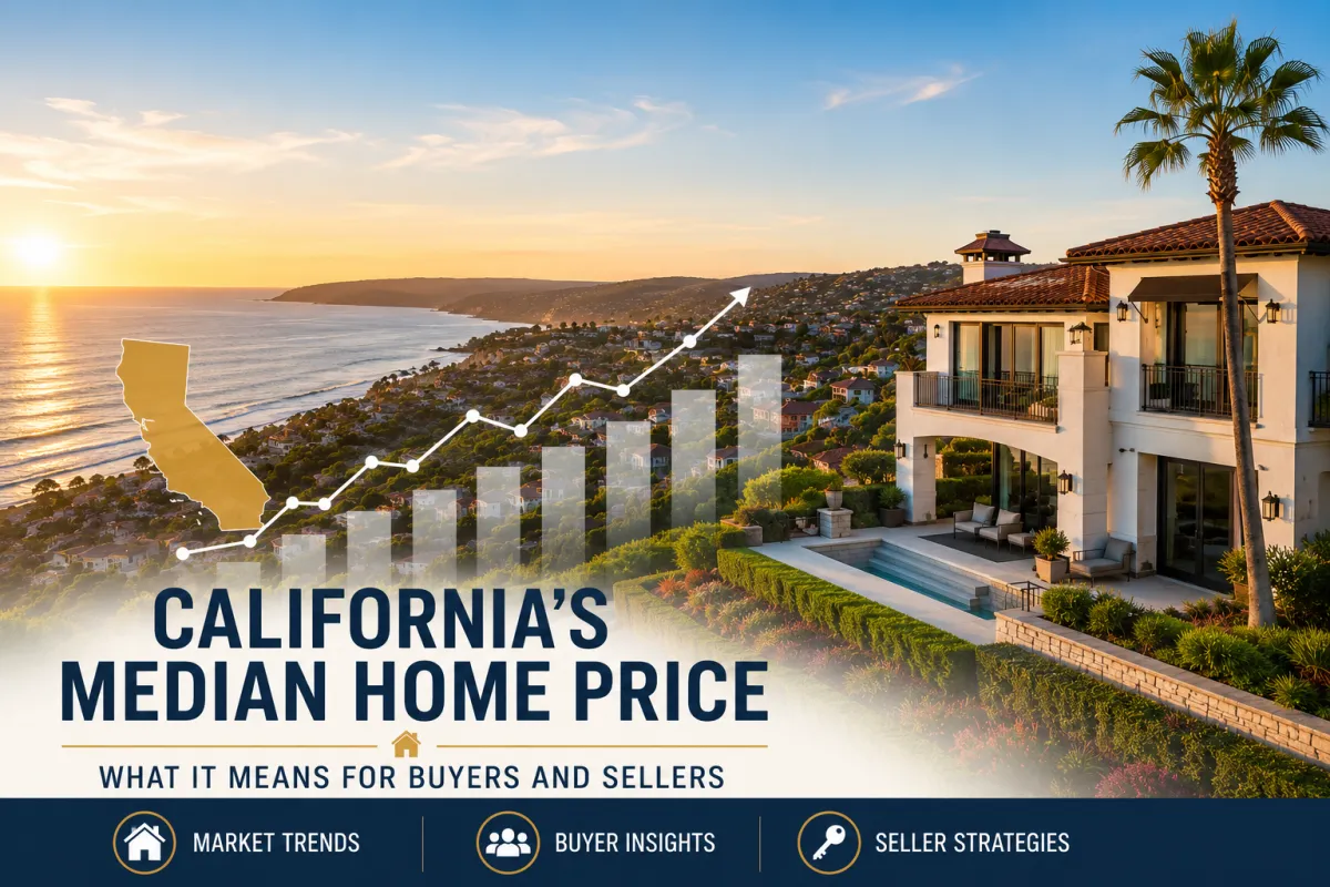 California median home price graphic featuring a luxury coastal home and rising housing market trend.