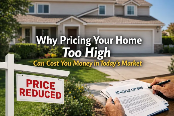 Real estate illustration of a home, price reduction sign, and multiple offers documents highlighting why overpricing a home can reduce buyer interest and lower the final sale price.