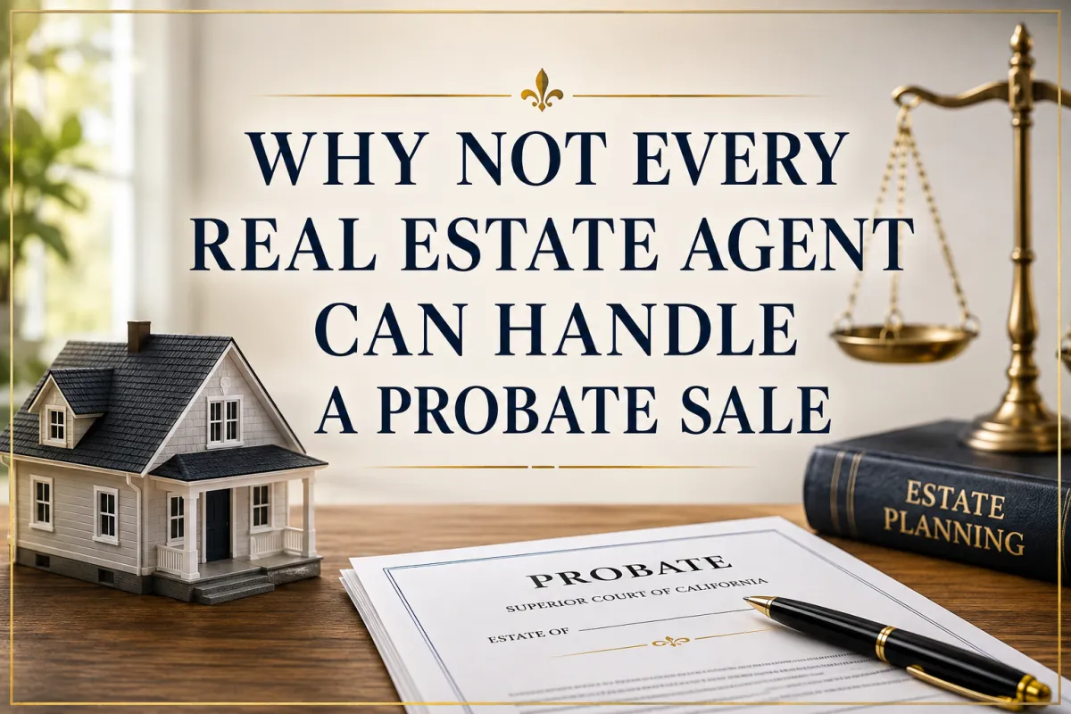Model home, probate documents, scales of justice, and estate planning materials representing the complexities of probate real estate sales, with the title "Why Not Every Real Estate Agent Can Handle a Probate Sale.