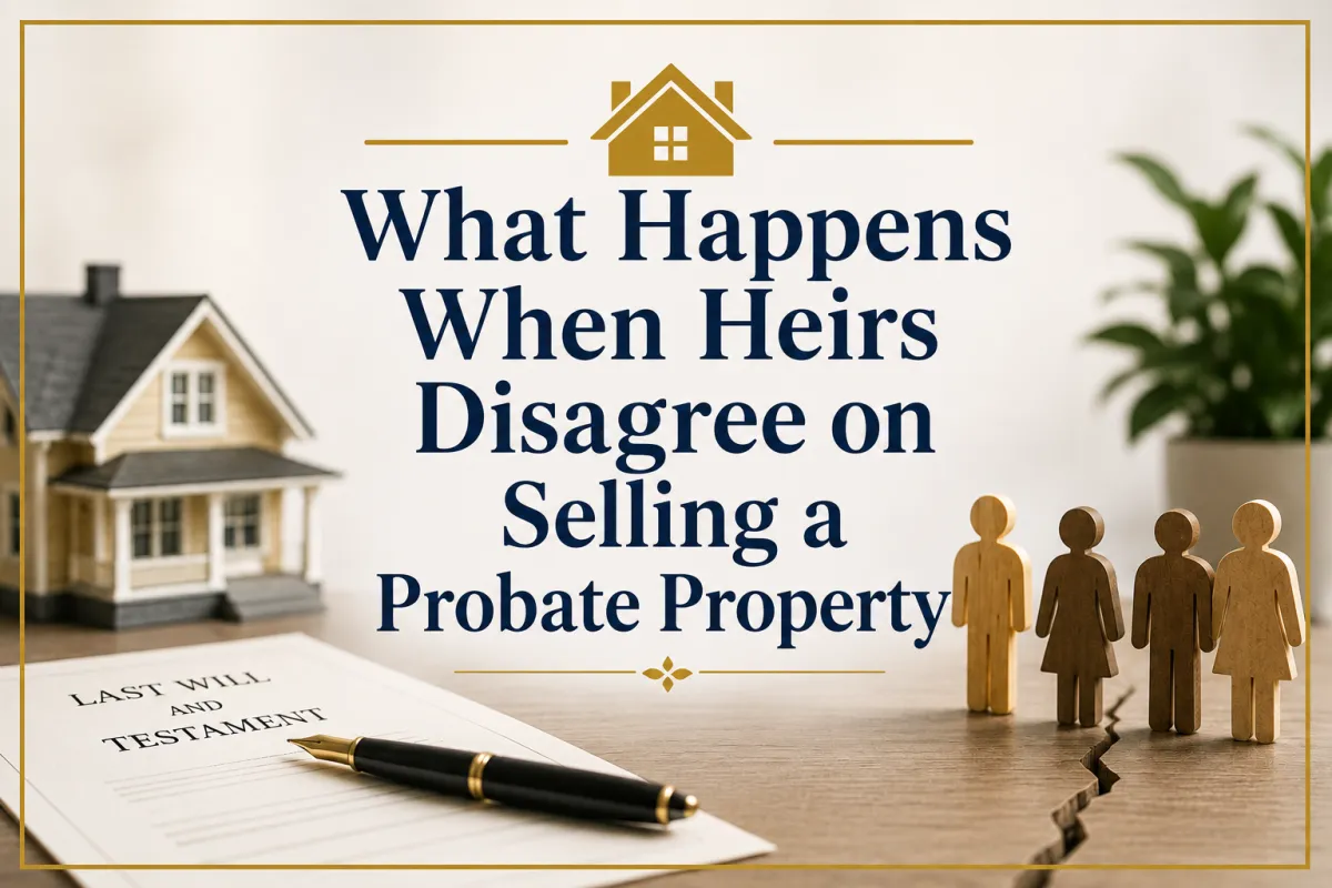 What Happens When Heirs Disagree on Selling a Probate Property, featuring a home, last will and testament, and family figures representing heirs in a probate estate.