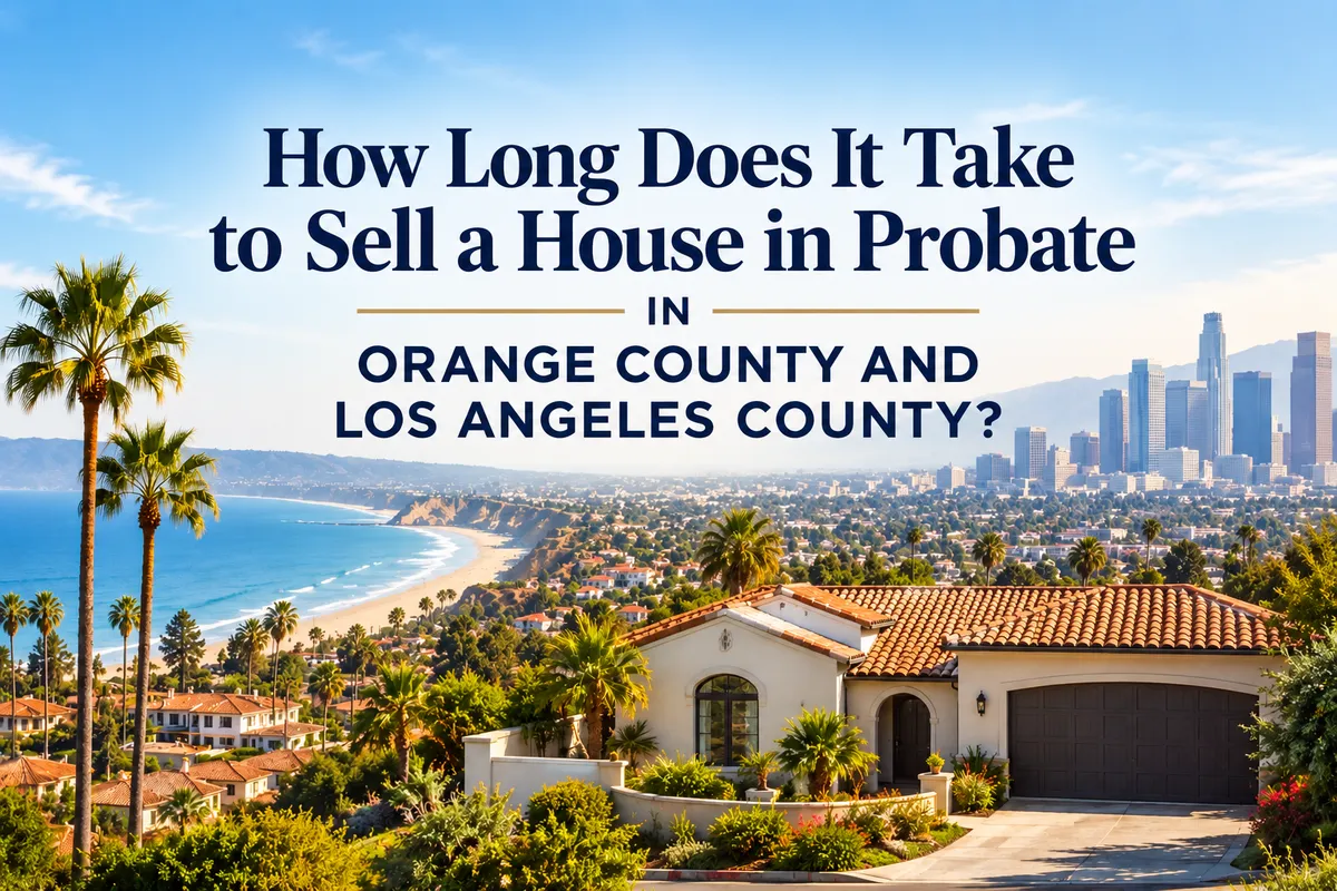 Southern California coastal homes with palm trees, ocean views, and the Los Angeles skyline, illustrating a probate home sale timeline in Orange County and Los Angeles County.