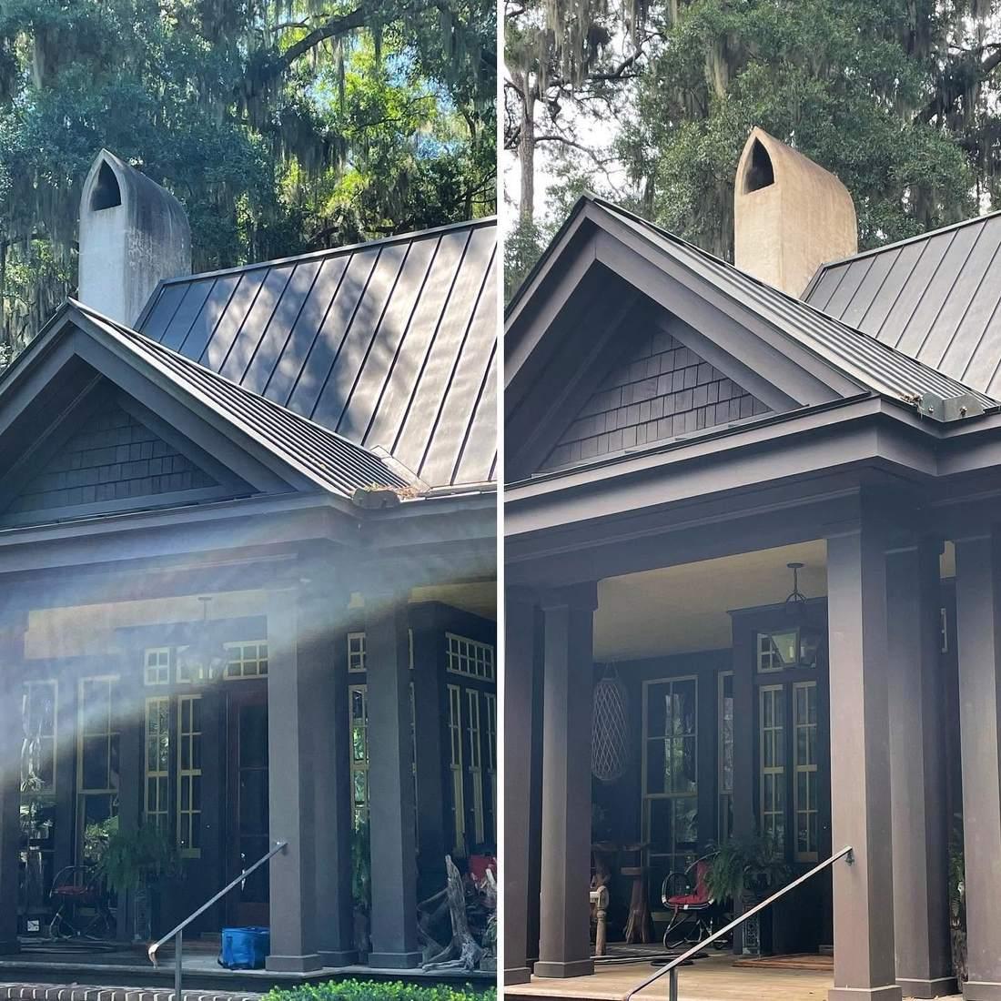 Chimney and metal roof before and after cleaning, Brunswick GA